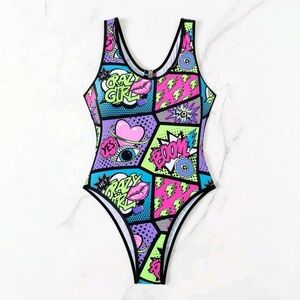 NEW CURRENT MOOD NEON POP ART STRAPPY BACK BODYSUIT
